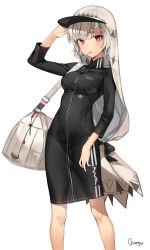 Rule 34 | 1girl, absurdres, altera (fate), altera (traveling outfit) (fate), alternate costume, arm up, bag, black dress, blunt bangs, breasts, chungu, dark-skinned female, dark skin, dress, duffel bag, fate/grand order, fate (series), feet out of frame, grey hair, hand on headwear, high collar, highres, long sleeves, looking at viewer, medium breasts, mouth hold, nail polish, red eyes, short hair, shoulder bag, signature, simple background, solo, standing, veil, visor cap, white background