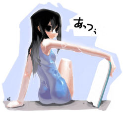 Rule 34 | 1girl, :&lt;, arm support, armpits, ass, black eyes, black hair, from behind, hair between eyes, kickboard, long hair, looking at viewer, looking back, one-piece swimsuit, open mouth, outstretched arm, shadow, sidelocks, signature, sitting, solo, swimsuit, wet, wet hair, x6suke