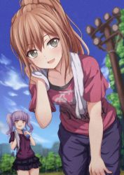 Rule 34 | 2girls, absurdres, bad id, bad twitter id, bang dream!, black shirt, blurry, blurry background, bottle, brown hair, clothes writing, commentary request, day, grey eyes, group name, hand on own leg, highres, holding, holding bottle, imai lisa, leaning forward, multiple girls, narafume, open mouth, outdoors, pants, ponytail, purple hair, purple shirt, red eyes, red shirt, shirt, sidelocks, smile, t-shirt, towel, towel around neck, tree, twintails, udagawa ako, utility pole, water bottle