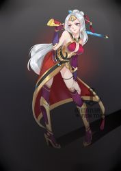 Rule 34 | 1girl, absurdres, blue eyes, breasts, cleavage, fingerless gloves, gloves, headband, highres, large breasts, lian (paladins), long hair, paladins, white hair