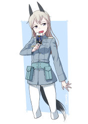Rule 34 | 501st joint fighter wing, absurdres, animal ears, blue background, blue eyes, blue jacket, card, dragoncastle, eila ilmatar juutilainen, fox ears, fox girl, fox tail, highres, holding, holding card, jacket, looking to the side, military, military uniform, pantyhose, silver hair, solo, strike witches, tail, uniform, white background, white pantyhose, world witches series