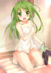 Rule 34 | 10s, 1girl, bare arms, bare legs, bare shoulders, barefoot, basket, black skirt, blush, bow, bow panties, carpet, collarbone, crescent, crescent hair ornament, door, embarrassed, ezoshika gg, green eyes, green hair, groin, hair ornament, highres, holding, holding clothes, holding panties, holding underwear, indoors, kantai collection, light switch, long hair, looking at viewer, matching hair/eyes, nagatsuki (kancolle), naked towel, on one knee, open door, open mouth, panties, pleated skirt, skirt, solo, striped clothes, striped panties, sweatdrop, toes, towel, underwear, unworn panties, unworn skirt