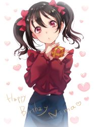 Rule 34 | 10s, 1girl, black hair, bow, box, chiigo, cowboy shot, earrings, english text, gift, gift box, hair bow, head tilt, heart, highres, holding, holding gift, jewelry, looking at viewer, love live!, love live! school idol festival, love live! school idol project, necklace, pearl earrings, red eyes, simple background, skirt, solo, sweater, text focus, twintails, yazawa nico