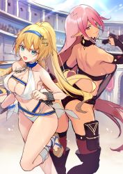 Rule 34 | 2girls, absurdres, arena, artist request, bikini, blonde hair, blue eyes, breasts, bridal gauntlets, cleavage, cuffs, dark skin, dark-skinned female, earrings, elbow gloves, elf, fingerless gloves, gloves, hairband, highres, jerez&#039;s arena, jewelry, large breasts, long hair, multiple girls, navel, official art, open mouth, outdoors, pink hair, pointy ears, ponytail, shackles, sideboob, sketch, swimsuit, thighhighs, v-shaped eyebrows, very long hair, white bikini