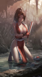 Rule 34 | 1girl, absurdres, bare shoulders, breasts, brown eyes, brown hair, cleavage, closed mouth, commentary request, fatal fury, folded fan, folding fan, hand fan, high ponytail, highres, japanese clothes, long hair, looking at viewer, medium breasts, ninja, outdoors, partially submerged, pelvic curtain, ponytail, revealing clothes, river, rope, shiranui mai, smile, snk, solo, the king of fighters, thighs, tomo eokaiteru, water