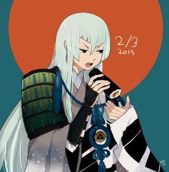Rule 34 | 10s, 1boy, armor, dated, eating, food, japanese armor, japanese clothes, kousetsu samonji, l hakase, leaning forward, long hair, lowres, makizushi, male focus, open mouth, shoulder armor, simple background, sode, solo, sushi, touken ranbu, very long hair