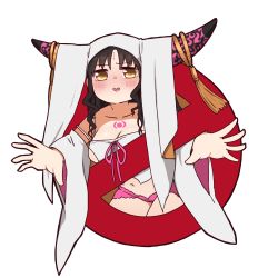 Rule 34 | 1girl, bare shoulders, black hair, blush, breasts, brown eyes, cleavage, collarbone, facial mark, fate/grand order, fate (series), forehead mark, ghostbusters, horns, i.u.y, large breasts, long hair, midriff, navel, no entry sign, outstretched arms, parody, parted bangs, parted lips, revealing clothes, road sign, sessyoin kiara, sign, simple background, solo, veil, white background