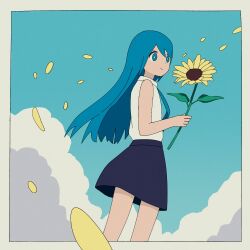 Rule 34 | 1girl, ashuu (4syup), blue eyes, blue hair, blue necktie, blue skirt, blue sky, border, bright pupils, character request, closed mouth, cloud, commentary request, copyright request, day, dot nose, falling petals, feet out of frame, flower, highres, holding, holding flower, light smile, long hair, miniskirt, necktie, outdoors, petals, shirt, skirt, sky, sleeveless, sleeveless shirt, solo, standing, sunflower, white border, white pupils, white shirt, wind