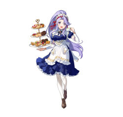 Rule 34 | 1girl, absurdres, apron, breasts, cake, cake slice, commentary request, cup, detached collar, dress, fire emblem, fire emblem: genealogy of the holy war, fire emblem heroes, floating, floating object, food, frilled dress, frills, fruit, full body, highres, holding, holding cup, long dress, long hair, looking at viewer, macaron, maid, maid headdress, medium breasts, nintendo, official art, open mouth, pantyhose, pastry, ponytail, puffy short sleeves, puffy sleeves, purple eyes, purple hair, shoes, short sleeves, sidelocks, smile, solo, strawberry, tailtiu (fire emblem), tailtiu (tea party) (fire emblem), teacup, tiered tray, urata asao, white background
