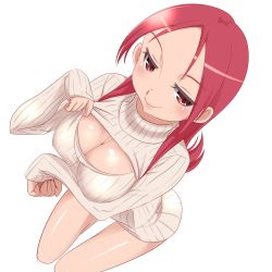 Rule 34 | 1girl, blush, breasts, cleavage, cleavage cutout, clothing cutout, from above, katuhata, large breasts, lips, long hair, long sleeves, looking away, meme attire, minna-dietlinde wilcke, open-chest sweater, red eyes, red hair, simple background, sleeves past wrists, smile, solo, strike witches, sweater, white background, world witches series