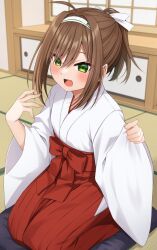 1girl :d ahoge blush bow brown_hair commentary_request cushion eyes_visible_through_hair fang green_eyes hair_between_eyes hair_bow hair_intakes hairband hakama hakama_skirt hands_up haru_(kuzuyu) highres indoors japanese_clothes kimono komori_kuzuyu long_sleeves looking_at_viewer miko open_mouth original pinching_sleeves red_hakama seiza sidelocks sitting skirt sleeves_past_wrists smile solo tatami white_bow white_hairband white_kimono wide_sleeves zabuton