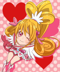 Rule 34 | 1girl, aida mana, bike shorts, bike shorts under skirt, blonde hair, boots, bow, brooch, cacao (99chocolove99), cure heart, dokidoki! precure, from above, hair bun, hair ornament, half updo, heart, heart brooch, heart hair ornament, jewelry, knee boots, long hair, magical girl, one eye closed, perspective, pink background, pink bow, pink eyes, pink footwear, polka dot, polka dot background, precure, shorts, shorts under skirt, single hair bun, sitting, skirt, smile, solo, wink