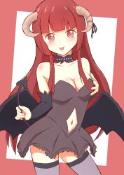 Rule 34 | 1girl, blush, breasts, brown eyes, brown hair, cleavage, clothing cutout, demon girl, demon horns, demon tail, demon wings, hanazono yurine, heinkeluhu, highres, horns, jashin-chan dropkick, large breasts, long hair, looking at viewer, navel, navel cutout, purple thighhighs, solo, tail, thighhighs, tongue, tongue out, wings