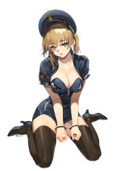 Rule 34 | 1girl, alternate costume, artist name, belt, blonde hair, blush, braid, breasts, cleavage, collarbone, cuffs, girls&#039; frontline, green eyes, handcuffs, hat, high heels, highres, large breasts, lips, looking at viewer, olys, open mouth, police, police hat, police uniform, policewoman, short hair, short sleeves, simple background, sitting, solo, thighhighs, twintails, uniform, wariza, welrod mkii (girls&#039; frontline), white background, zipper