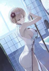 1girl ass bare_arms bare_shoulders bathroom blonde_hair blue_archive breasts china_dress chinese_clothes closed_mouth dress eyeliner flower from_side gloves hair_flower hair_ornament half_gloves halo highres large_breasts looking_at_viewer m.q_(mqkyrie) makeup marina_(blue_archive) marina_(qipao)_(blue_archive) pelvic_curtain print_dress red_halo sideboob sleeveless sleeveless_dress smile solo standing tile_wall tiles white_dress white_gloves