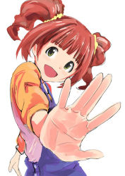 Rule 34 | 1girl, :d, face, foreshortening, green eyes, idolmaster, idolmaster (classic), issei, long hair, open m/, open mouth, orange hair, overalls, red hair, smile, solo, takatsuki yayoi, twintails, yellow eyes