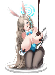 Rule 34 | 1girl, animal ears, areola slip, asuna (blue archive), asuna (bunny) (blue archive), blue archive, blue eyes, blue leotard, bow, bowtie, breasts, chocolate, detached collar, fake animal ears, gloves, hair over one eye, high heels, large breasts, leotard, long hair, looking at viewer, mole, mole on breast, official alternate costume, otakummm, pantyhose, pasties, playboy bunny, rabbit ears, resolution mismatch, revision, simple background, smile, solo, source larger, teeth, traditional bowtie, tray, white background, white gloves