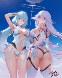 Rule 34 | 2girls, absurdres, arm up, armpits, ass, bare shoulders, blue hair, blue sky, breasts, cleavage, cloud, cloudy sky, collarbone, commentary request, day, elbow gloves, gloves, gu tao, hand on own chest, highres, large breasts, leotard, lips, long hair, looking at viewer, looking back, low twintails, multiple girls, navel, outdoors, parted lips, purple eyes, reina (xipuria), revision, shiny skin, sideboob, silver hair, sky, sky diver xipuria, smile, sparkle, standing, stomach, strapless, strapless leotard, thighhighs, thighs, twintails, werfen (xipuria), white gloves