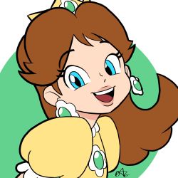Rule 34 | 1girl, arms behind back, blue eyes, brown hair, crown, earrings, flower earrings, gem, grin, highres, jewelry, laughing, looking at viewer, mario (series), nintendo, open mouth, princess daisy, puffy short sleeves, puffy sleeves, short sleeves, smile, super mario land, tomboy, upper body