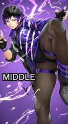 Rule 34 | 1girl, absurdres, black hair, breasts, collar, english text, fighting stance, fingerless gloves, gloves, highres, hood, imminent kick, jacket, martial arts, medium breasts, multicolored clothes, multicolored hair, multicolored jacket, open clothes, purple eyes, purple hair, purple jacket, reina (tekken), short hair, shorts, smile, solo, tekken, tekken 8, thick thighs, thighs, yoshio (55level)
