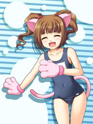 Rule 34 | 00s, 1girl, ^ ^, animal ears, animal hands, bad id, bad pixiv id, blush, brown hair, cat ears, cat paws, cat tail, child, closed eyes, idolmaster, idolmaster (classic), one-piece swimsuit, school swimsuit, solo, swimsuit, tail, takatsuki yayoi, totokichi, twintails