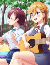 Rule 34 | 2girls, check commentary, commentary request, crossed legs, emma verde, hand on own chest, highres, in-franchise crossover, love live!, love live! nijigasaki high school idol club, love live! superstar!!, multiple girls, music, nijigasaki academy school uniform, outdoors, playing guitar, qy73, school uniform, shibuya kanon, singing, tree, yuigaoka school uniform