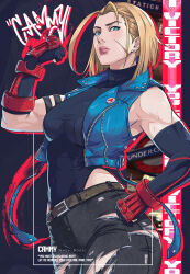 1girl belt biceps black_gloves blonde_hair blue_eyes cammy_white character_name clenched_hands commentary cropped_jacket denim english_text fingerless_gloves gloves hand_on_own_hip highres jeans jhony_caballero leotard looking_at_viewer pants scar scar_on_face short_hair simple_background solo standing street_fighter torn_clothes torn_jeans torn_pants translated