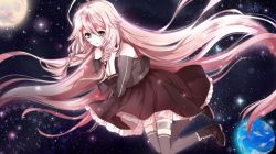 Rule 34 | 1girl, ahoge, an-mar, bare shoulders, blue eyes, braid, earth (planet), highres, ia (vocaloid), long hair, pink hair, planet, skirt, sky, solo, space, star (sky), starry sky, thigh strap, thighhighs, twin braids, very long hair, vocaloid