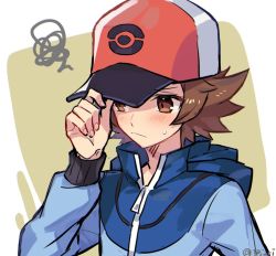 Rule 34 | 1boy, baseball cap, blue jacket, blush, brown eyes, brown hair, closed mouth, commentary, creatures (company), eyelashes, frown, game freak, hand on headwear, hand up, hat, hilbert (pokemon), jacket, long sleeves, male focus, nintendo, orange hat, pokemon, pokemon bw, short hair, solo, squiggle, sweatdrop, symbol-only commentary, tpi ri, twitter username, upper body, zipper pull tab
