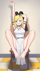 Rule 34 | 1girl, absurdres, armpits, barefoot, blonde hair, blue eyes, blush, cavalier of the abyss, chair, checkered floor, chinese clothes, dress, feet, highres, long hair, looking at viewer, nail polish, open mouth, pelvic curtain, shao shao mao, sitting, solo, stretching, swept bangs, toenail polish, toenails, toes, turtleneck dress