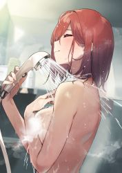 Rule 34 | 1girl, 92m, blush, breasts, closed eyes, closed mouth, commentary, convenient censoring, from side, hair between eyes, highres, holding, holding shower head, kinshi no ane (92m), medium breasts, original, profile, red hair, short hair, shower (place), shower head, showering, smile, soap bottle, solo, steam, steam censor, topless, upper body, wet, wet hair