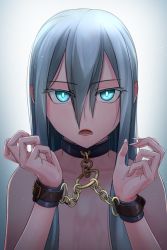 Rule 34 | 1girl, blue eyes, chain, collar, colored eyelashes, commentary request, cuffs, d:, fingernails, hair between eyes, hair censor, highres, kis sako, long fingernails, long hair, looking at viewer, open mouth, original, restrained, silver hair, simple background, teeth