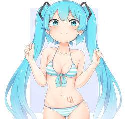 Rule 34 | 1girl, abmayo, absurdres, bare arms, bare shoulders, bikini, blue eyes, blue hair, blush, breasts, cleavage, closed mouth, collarbone, commentary request, cowboy shot, front-tie bikini top, front-tie top, halterneck, hands up, hatsune miku, highres, long hair, looking at viewer, medium breasts, navel, panties, simple background, smile, solo, standing, stomach tattoo, striped bikini, striped clothes, swimsuit, tattoo, thigh gap, twintails, underwear, very long hair, vocaloid