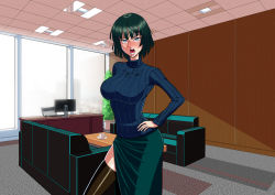 Rule 34 | 1girl, angry, black hair, black thighhighs, blue eyes, blush, breasts, caustica, chair, couch, cowboy shot, crying, day, eyebrows, fubuki (one-punch man), green skirt, hand on own hip, highres, indoors, large breasts, legs, long skirt, looking at viewer, monitor, one-punch man, open mouth, raised eyebrows, short hair, skirt, solo, standing, sweater, table, tears, thighhighs, thighs, turtleneck, turtleneck sweater, window