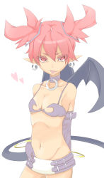 Rule 34 | 1girl, :p, bad id, bad pixiv id, bare shoulders, bat wings, bikini, bikini top only, collar, demon girl, disgaea, earrings, elbow gloves, etna (disgaea), flat chest, gloves, heart, highres, jewelry, looking at viewer, microskirt, navel, pink eyes, pink hair, pointy ears, short hair, skirt, solo, swimsuit, tail, tongue, tongue out, tsunotsuki (uguisu maccha), twintails, wings