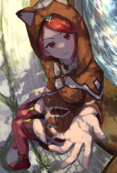 Rule 34 | 1girl, absurdres, animal hood, brown hood, brown hoodie, closed mouth, commentary request, dappled sunlight, disguised pyra (xenoblade), highres, hood, hood up, hoodie, looking at viewer, outdoors, outstretched arm, outstretched hand, perspective, ponaponyo, pyra (xenoblade), raccoon hood, red eyes, red footwear, red hair, red thighhighs, short hair, sitting, smile, solo, sunlight, swept bangs, thighhighs, tiara, xenoblade chronicles (series), xenoblade chronicles 2