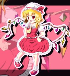 Rule 34 | 1girl, ascot, blonde hair, bobby socks, bow, fang, female focus, flandre scarlet, hands on own hips, hat, hat ribbon, mob cap, open mouth, red eyes, red footwear, red skirt, ribbon, simple background, skirt, socks, solo, touhou, white socks, wings, zoom layer