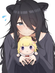 Rule 34 | 1girl, absurdres, ahoge, alternate costume, alternate hair color, animal ears, black hair, black shirt, blonde hair, blush, bow, bowtie, breasts, earrings, embarrassed, grey eyes, hair ornament, hairclip, highres, holding, holding stuffed toy, hololive, jewelry, light blush, lion ears, long bangs, long hair, long sleeves, medium breasts, micon, multiple earrings, nervous, one eye covered, pout, red bow, red bowtie, shirt, shishiro botan, sidelocks, simple background, sleeves past wrists, solo, stuffed toy, sweatdrop, tears, tsunomaki watame, virtual youtuber, white background