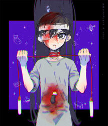 Rule 34 | 1boy, antenna hair, bandage over one eye, bandaged head, bandages, black border, black eyes, black hair, bleeding, blood, blood in hair, blood on clothes, blood on face, bloody bandages, border, bright pupils, chromatic aberration, collarbone, commentary request, cowboy shot, grey shirt, hands up, holding, holding rope, injury, jump rope, kitchen knife, knife, knife in chest, looking at viewer, male focus, omori, one eye covered, outside border, parted lips, purple background, rope, rope around neck, serious, shirt, short hair, short sleeves, something (omori), stab, standing, straight-on, strangling, sunny (omori), toastytoast, white pupils
