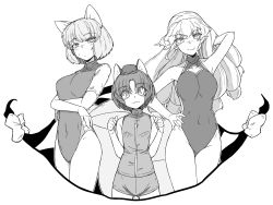 Rule 34 | 3girls, animal ears, arm behind head, arm up, bikini, bikini shorts, bob cut, cat ears, cat tail, chen, clenched hands, closed mouth, commentary, covered navel, crossed arms, eyes visible through hair, fox ears, fox tail, full body, gap (touhou), greyscale, half-closed eyes, halterneck, hand in own hair, hand on own hip, hat, highres, light blush, light frown, long hair, looking at viewer, low-tied long hair, mini hat, mob cap, monochrome, multiple girls, multiple tails, navel, no headwear, one-piece swimsuit, outside border, shirt, short hair, short sleeves, shorts, sleeveless, sleeveless shirt, smile, standing, sunatoshi, swimsuit, tail, touhou, two tails, yakumo ran, yakumo yukari, zipper
