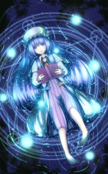 Rule 34 | 1girl, barefoot, book, crescent, full body, hat, hydrokinesis, long hair, looking at viewer, lying, magic circle, mob cap, open mouth, partially submerged, patchouli knowledge, purple eyes, purple hair, solo, tanikawa (tanitani s), touhou, water, wet, wet clothes