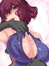 Rule 34 | 1girl, absurdres, breasts, cleavage, cleavage cutout, clothing cutout, covered erect nipples, hair between eyes, highres, large breasts, leotard, looking at viewer, original, purple eyes, purple hair, short hair, solo, suikamaru, tongue, tongue out, upper body