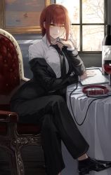 Rule 34 | 1girl, absurdres, alcohol, animal collar, black footwear, black necktie, black pants, bottle, braid, braided ponytail, branch, chainsaw man, chair, cloth, collar, collared shirt, crossed legs, cup, drinking glass, formal, highres, holding, holding leash, jacket, leash, long sleeves, looking at viewer, makima (chainsaw man), nao (okt8538), necktie, oxfords, painting (object), pants, red hair, restaurant, shirt, sitting, smile, solo, suit, suit jacket, table, window, wine, wine bottle, wine glass, yellow eyes
