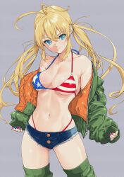 Rule 34 | 1girl, absurdres, ahoge, american flag, american flag bikini, american flag print, aqua eyes, bikini, bikini under clothes, blonde hair, blue nails, blue shorts, blush, breasts, bright pupils, cleavage, closed mouth, collarbone, denim, denim shorts, flag print, green jacket, green thighhighs, hashiguchi takashi, highres, jacket, long hair, long sleeves, looking at viewer, medium breasts, midriff, monica adenauer, multicolored nails, nail polish, navel, off shoulder, open clothes, open jacket, print bikini, red bikini, red nails, short shorts, shorts, sleeves past wrists, smile, solo, swimsuit, thighhighs, thong bikini, twintails, white pupils, yakitate!! japan