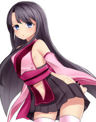 Rule 34 | 1girl, armpits, arms behind back, black hair, blue eyes, breasts, clothing cutout, commentary request, cowboy shot, detached sleeves, highres, japanese clothes, long hair, looking at viewer, navel, navel cutout, neit ni sei, no bra, no panties, obi, open mouth, original, pleated skirt, sash, shiny skin, sideboob, sidelocks, skirt, small breasts, solo, tareme, thighhighs, white background, wide sleeves