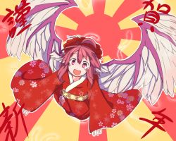 Rule 34 | 1girl, :d, ahoge, alternate costume, animal ears, bird wings, blush, chinese zodiac, floral print, flying, furisode, furorina, happy new year, hat, japanese clothes, kimono, long sleeves, looking at viewer, mystia lorelei, new year, obi, open mouth, pink eyes, pink hair, sash, smile, solo, spread wings, sunburst, touhou, wide sleeves, wings, year of the rooster
