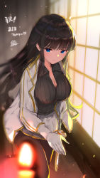 Rule 34 | 1girl, black hair, black pantyhose, blue eyes, blunt bangs, blurry, blurry foreground, breasts, candle, cleavage, closed mouth, commentary request, duplicate, gloves, highres, ikaruga (senran kagura), jacket, large breasts, long hair, looking at viewer, open clothes, open jacket, pantyhose, pixel-perfect duplicate, senran kagura, solo, sword, translation request, weapon, white gloves, white jacket, yaegashi nan