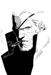 Rule 34 | 1boy, aged up, beard, big boss, cigarette, collared coat, eyepatch, facial hair, greyscale, hair slicked back, highres, hikichi sakuya, male focus, mature male, metal gear (series), metal gear solid, monochrome, mustache, old, old man, portrait, short hair, sketch, smoking, solo, upper body, wrinkled skin