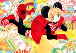 Rule 34 | 1990s (style), 1girl, absurdres, animal ears, antenna hair, black thighhighs, bow, bowtie, candy, candy cane, cardcaptor sakura, child, clamp, fake animal ears, flower, food, footwear bow, full body, gift, green eyes, head rest, highres, kinomoto sakura, mouse ears, mouse tail, red bow, red bowtie, retro artstyle, short hair, solo, striped bow, striped bowtie, striped clothes, tail, thigh strap, thighhighs
