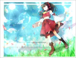 Rule 34 | 1girl, ascot, bad id, bad pixiv id, bare shoulders, black hair, boots, bow, detached sleeves, closed eyes, female focus, hair bow, hakurei reimu, japanese clothes, long hair, midriff, miko, navel, petals, smile, sofy, solo, sun, touhou